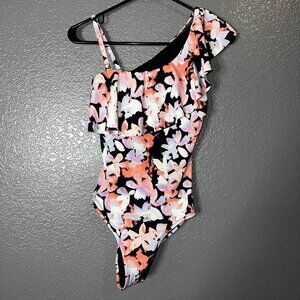 Time and Tru Floral One Shoulder One Piece Swimsuit Black Women’s S